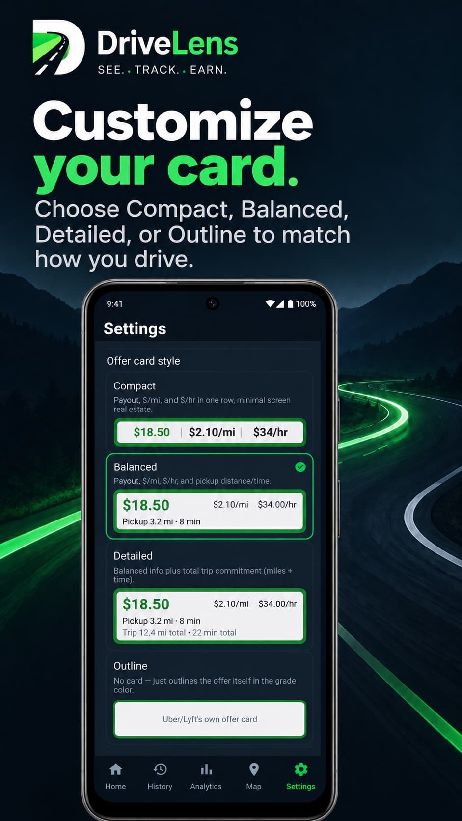 DriveLens settings for choosing the offer card style and the figures shown on it