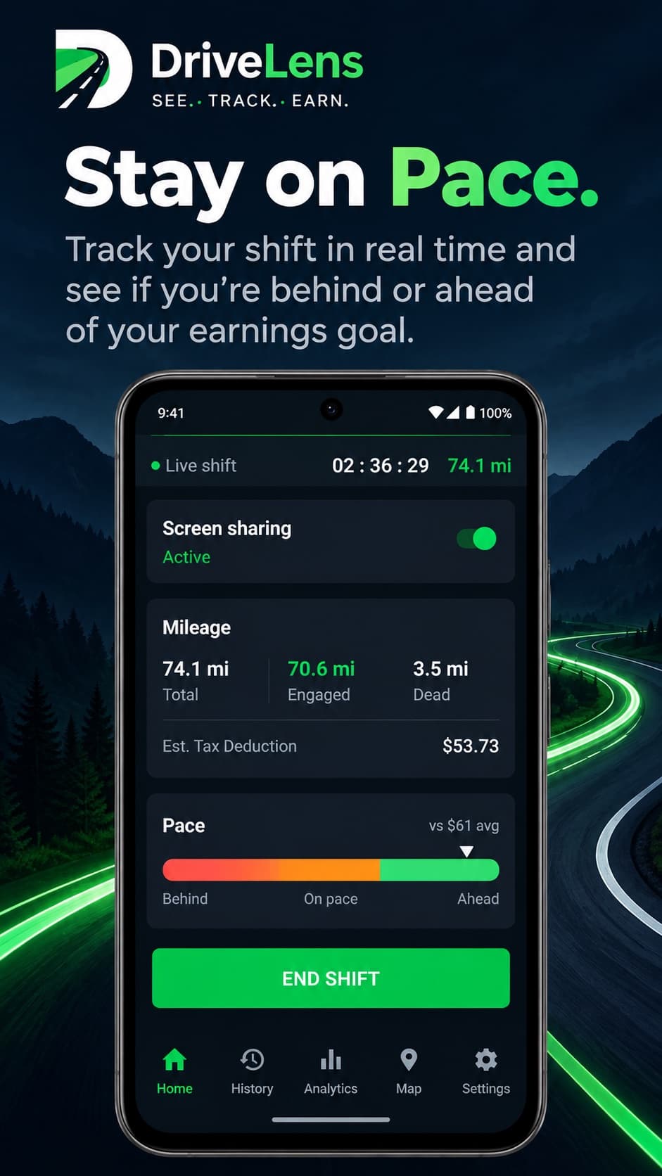 DriveLens live shift on the home screen with a pace bar showing whether you are behind or ahead of your earnings goal, plus total, engaged and dead miles